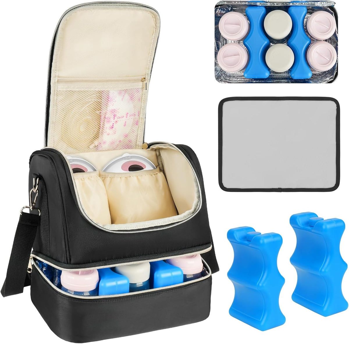 Jaffzora wearable breast pump bag front view in black nylon material