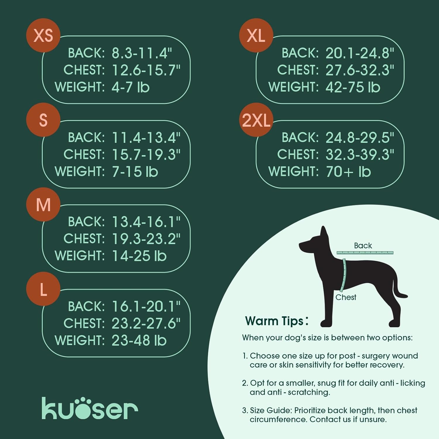 Kuoser pet surgery recovery shirt showing adjustable straps