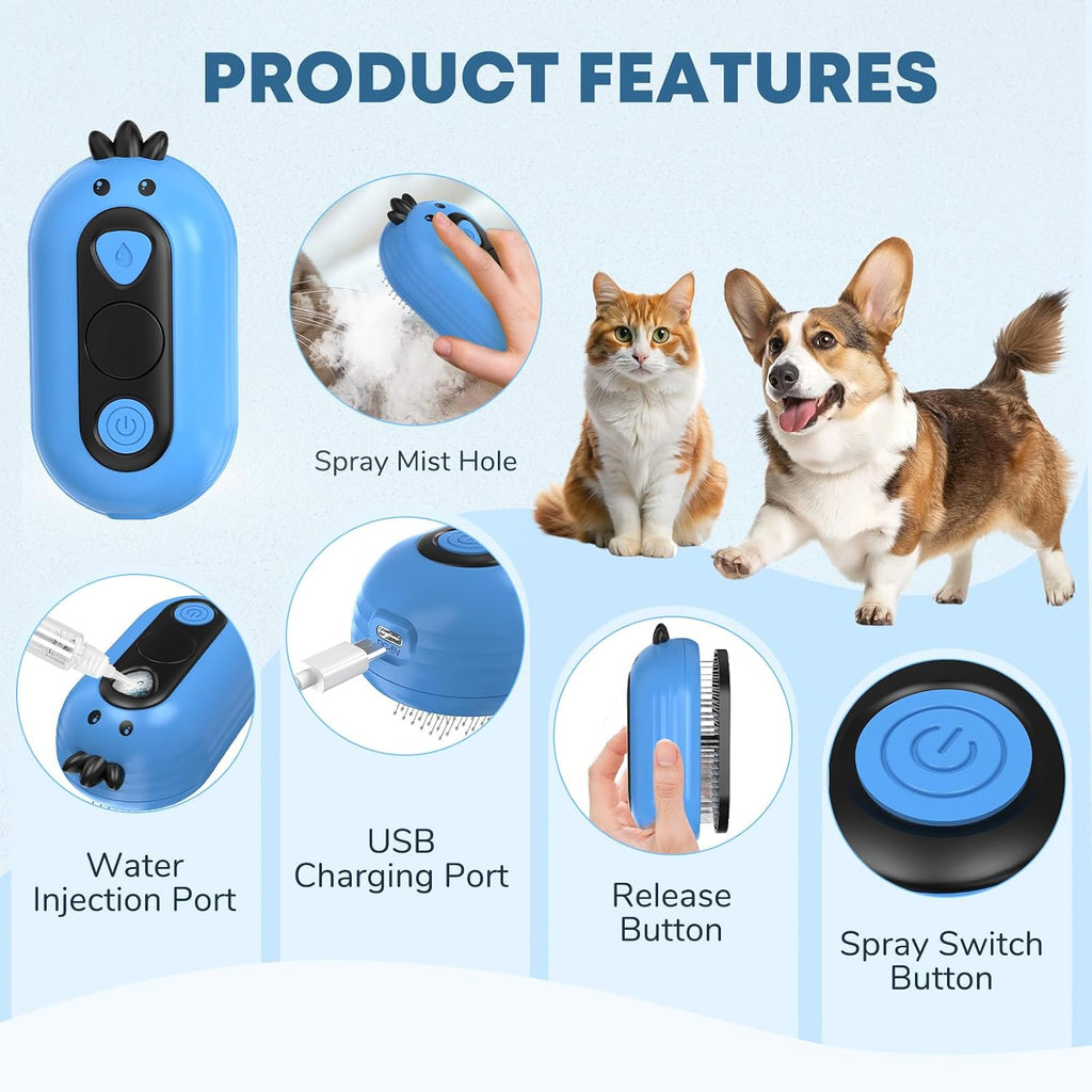 Dog and cat grooming steam brush with release button pressed