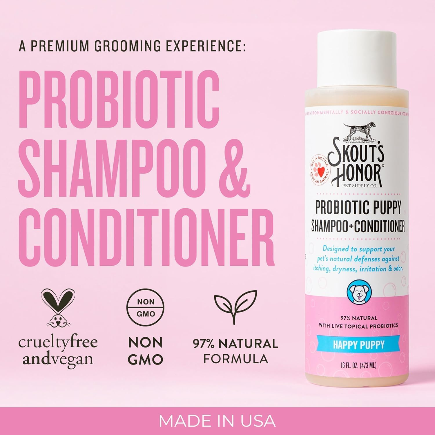 Skout's Honor 2 in 1 puppy shampoo and conditioner with probiotic formula for sensitive pet skin