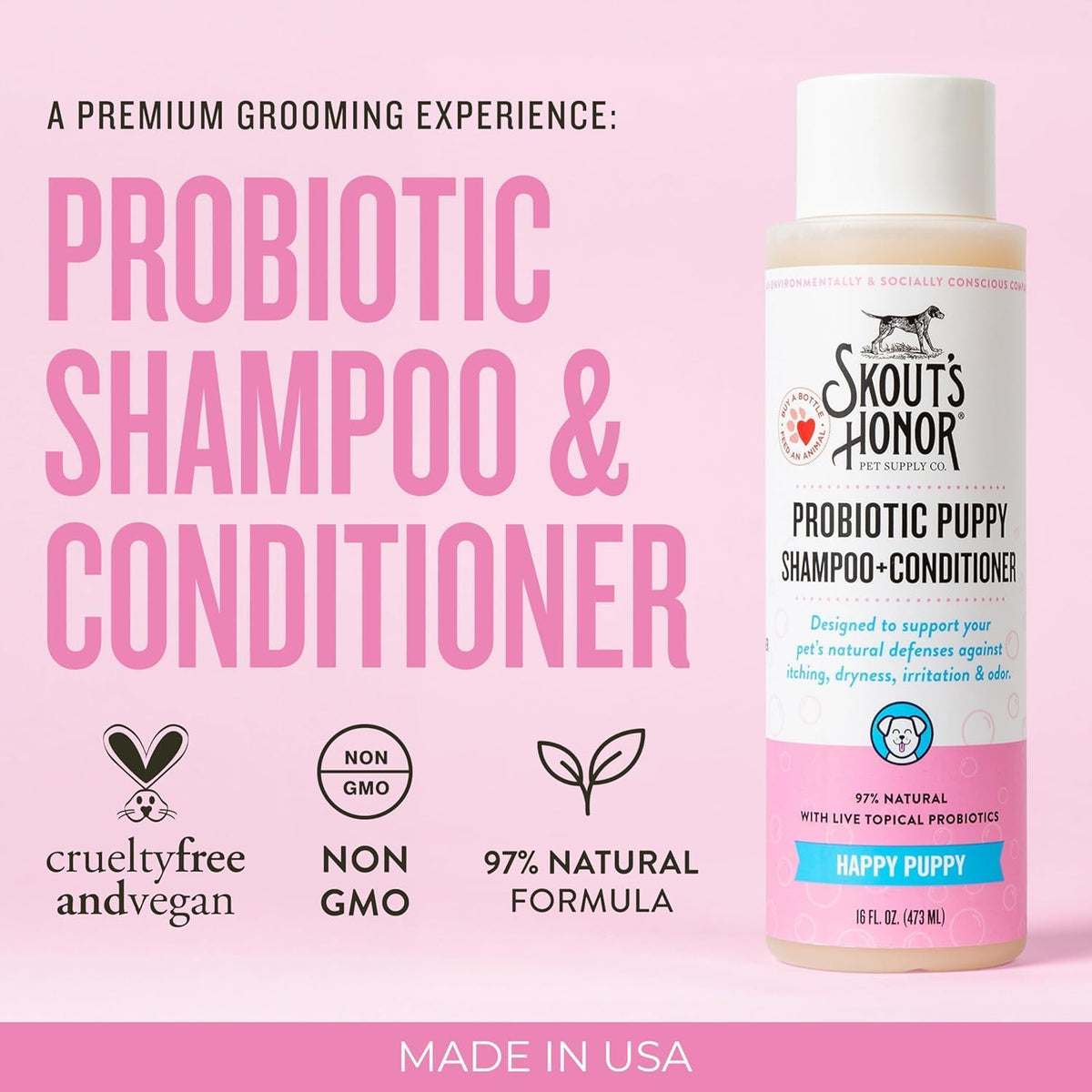 Skout's Honor 2 in 1 puppy shampoo and conditioner with probiotic formula for sensitive pet skin