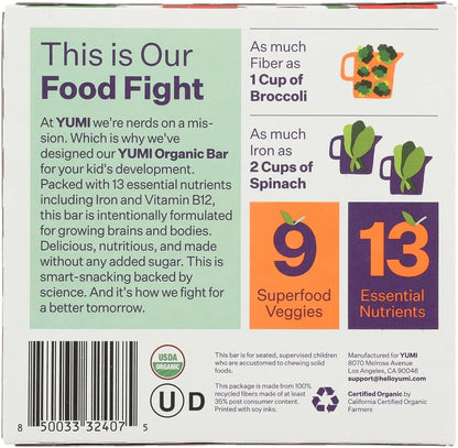 Nutritional facts panel of Yumi organic toddler bar showing zero added sugar