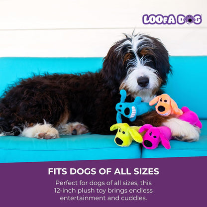 Multipet imported interactive shaggy dog toy from the side profile view.