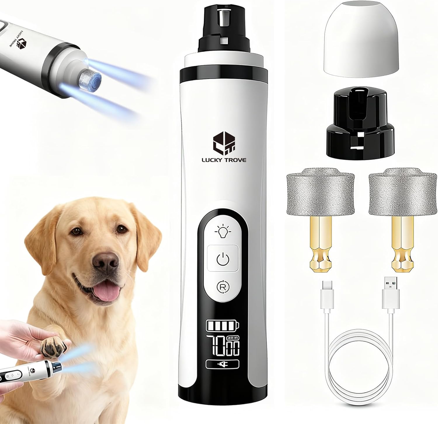 Lucky Trove Silent Groom Pro Nail Grinder front view with LED light