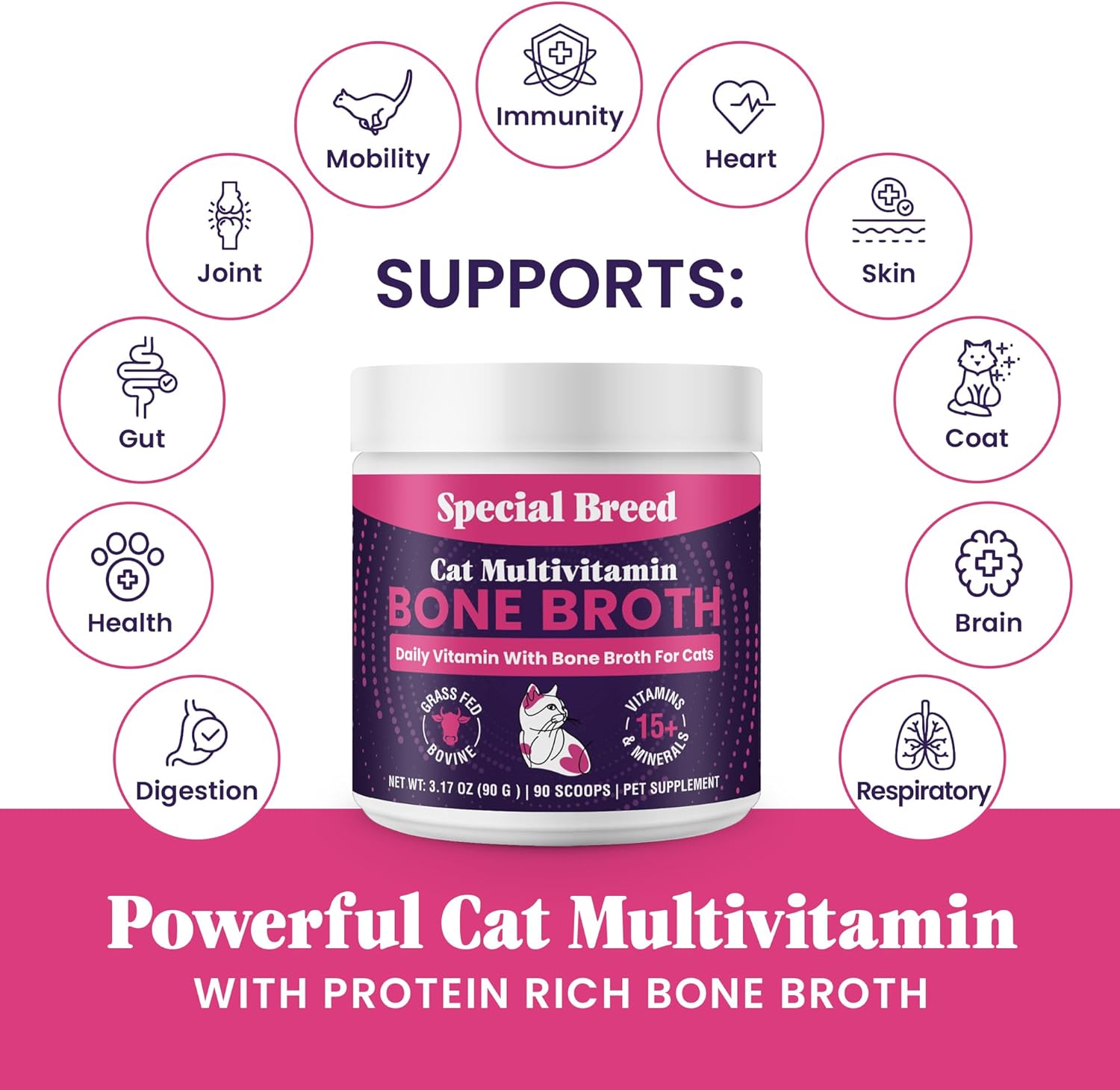 Scooping Special Breed cat multivitamin powder to sprinkle over dry kibble.