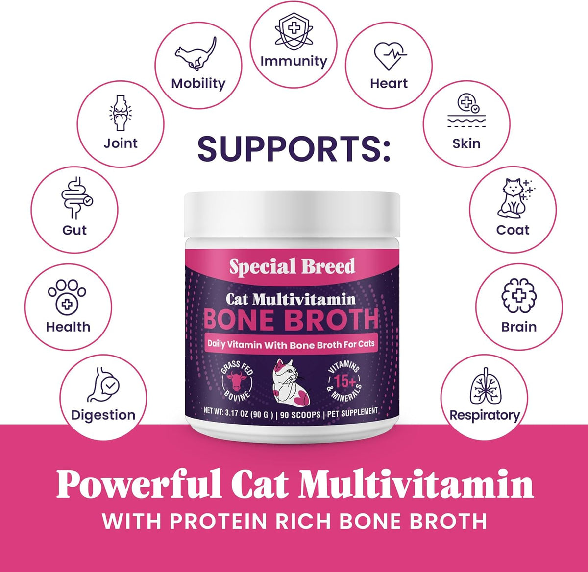Scooping Special Breed cat multivitamin powder to sprinkle over dry kibble.