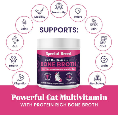 Scooping Special Breed cat multivitamin powder to sprinkle over dry kibble.