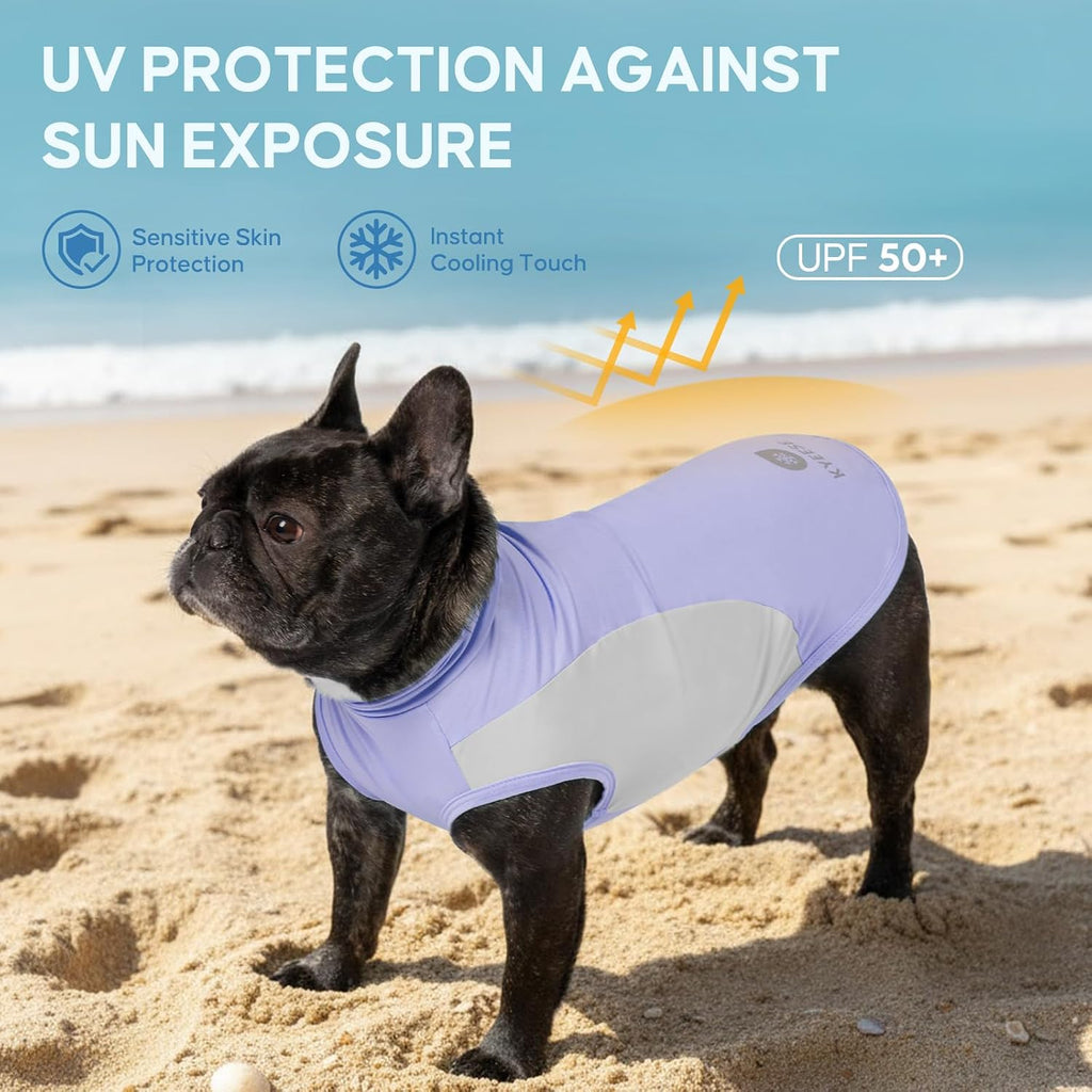 Dog wearing purple Kyeese cooling tank top outdoors
