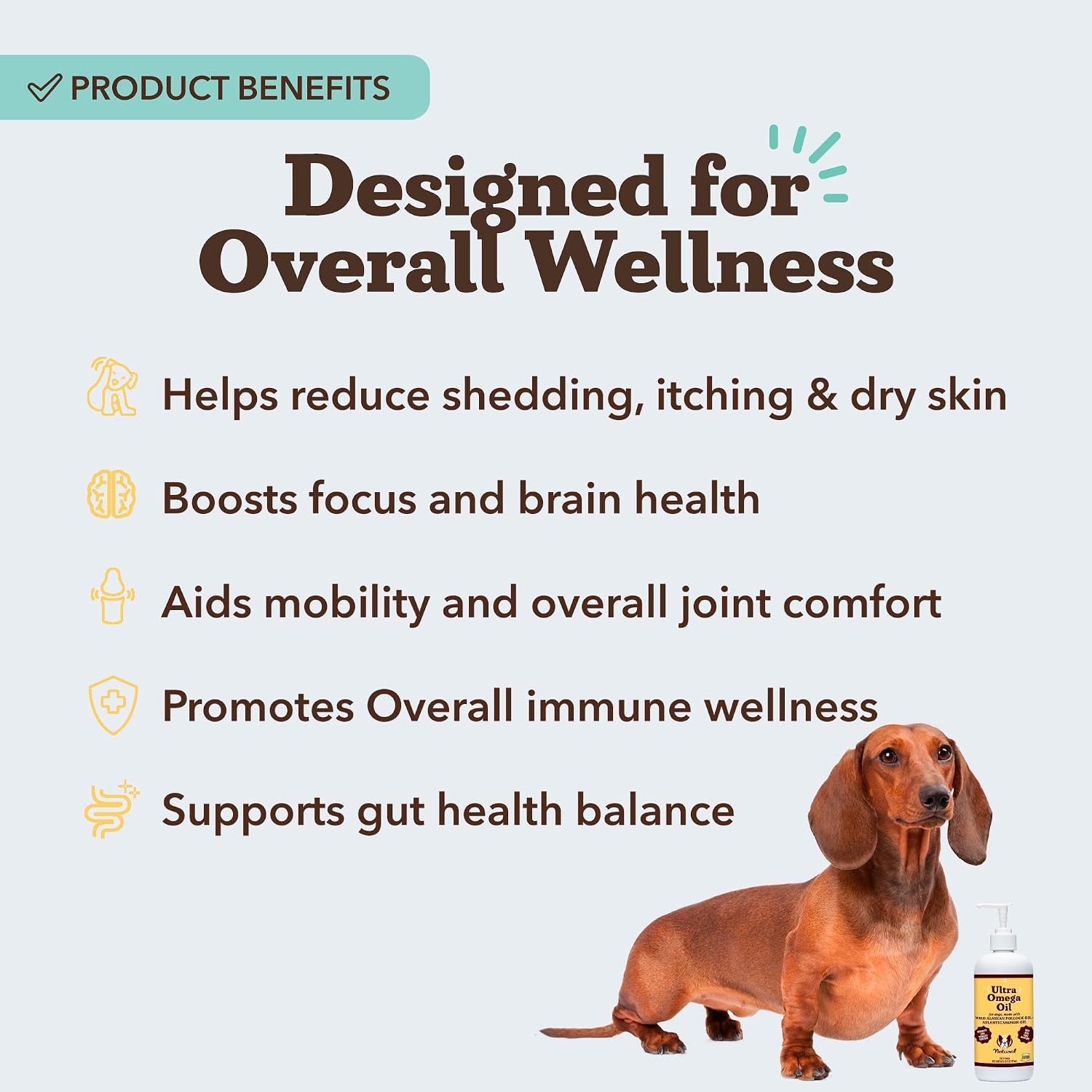 Natural Dog Company dog supplement label detailing wild Alaskan pollock and salmon oil ingredients.