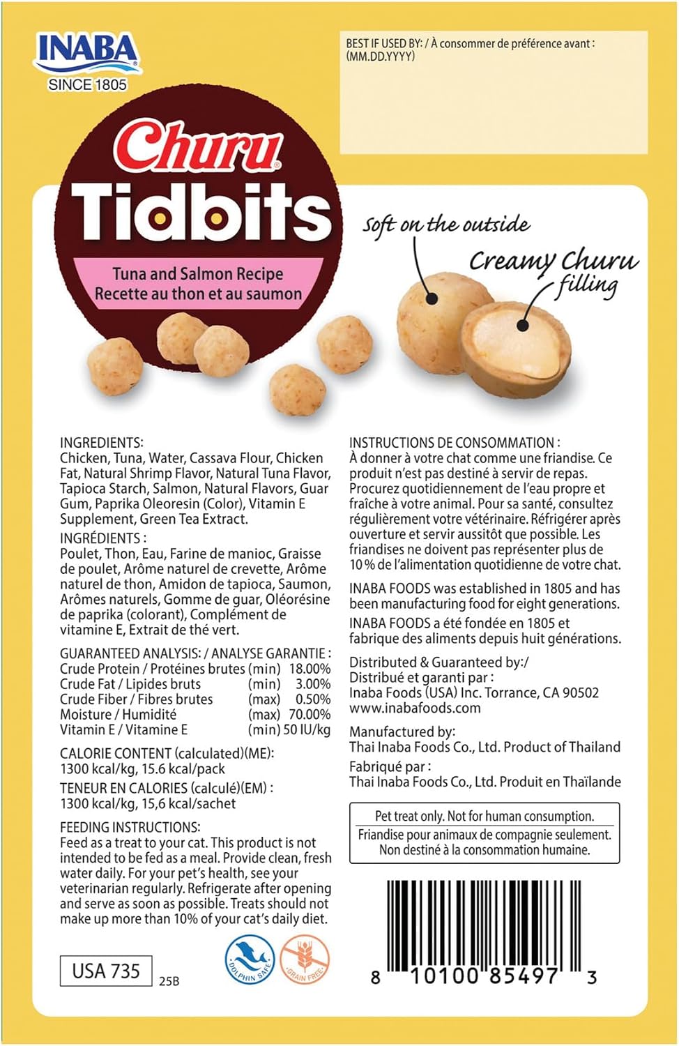 Back view of Inaba Churu Tidbits packaging showing nutritional info