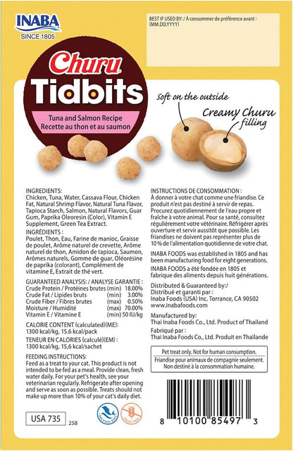 Back view of Inaba Churu Tidbits packaging showing nutritional info