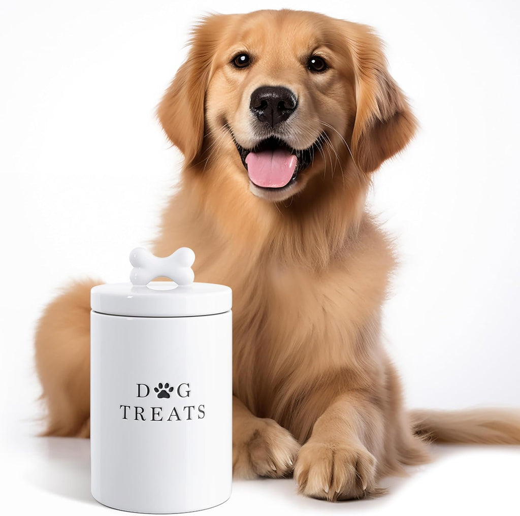 Side view of white farmhouse style pet treat container