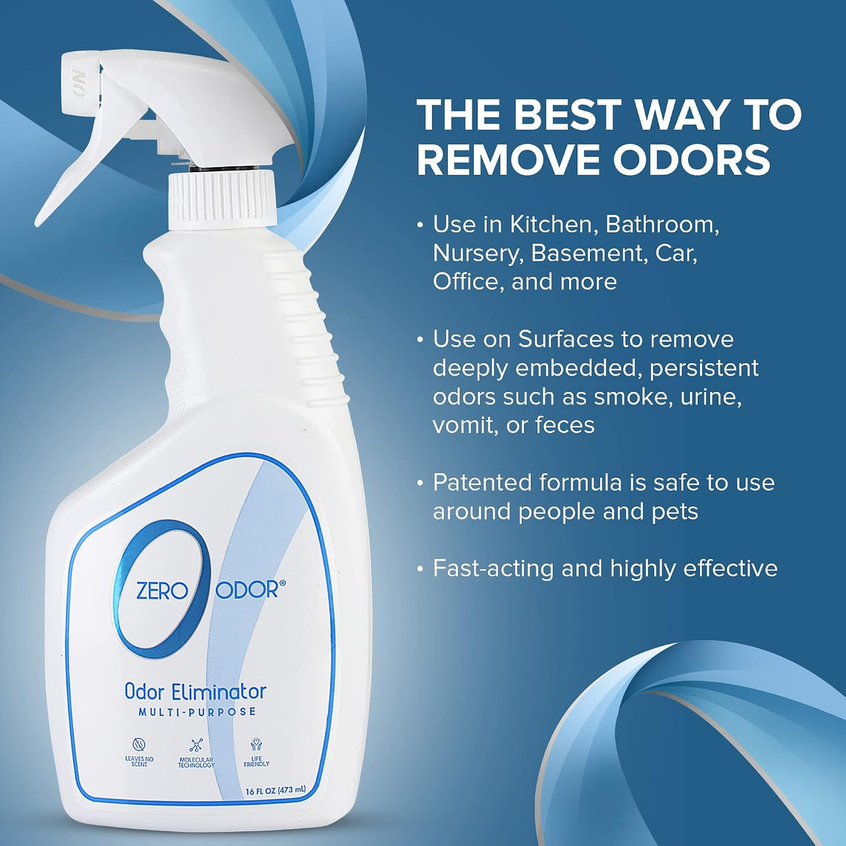 Zero Odor multi purpose spray targeting bathroom and kitchen surface odors effectively.