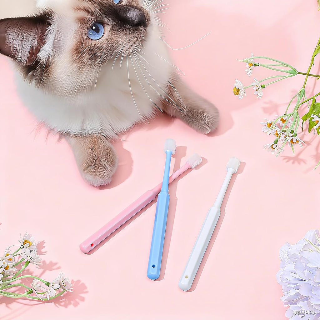Kitten having teeth cleaned with pink silicone pet brush