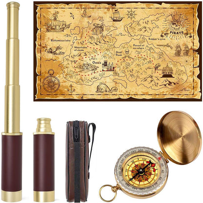 Aubric pirate spyglass monocular telescope front view with premium gold plating and leather details