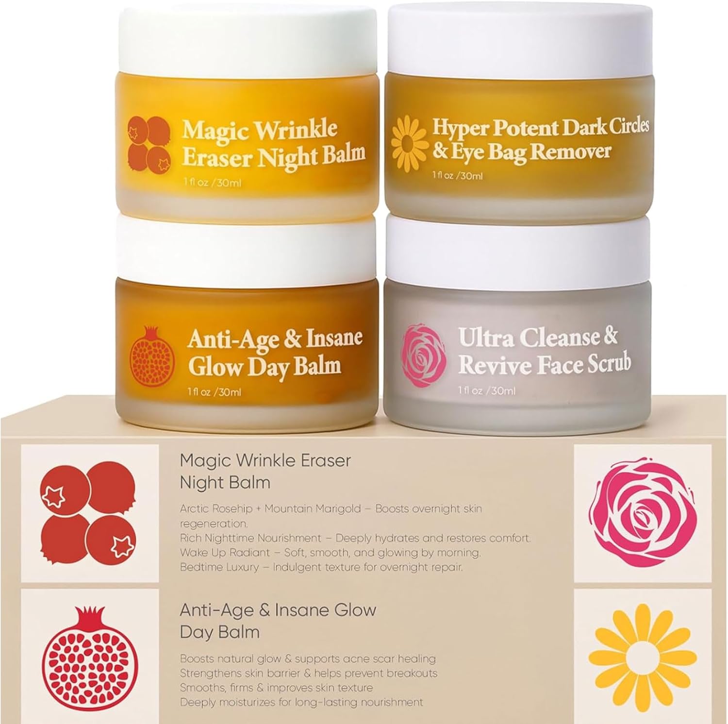 Froya Organics Complete Mature Skin System 4-piece skincare set front view featuring premium glass jars.