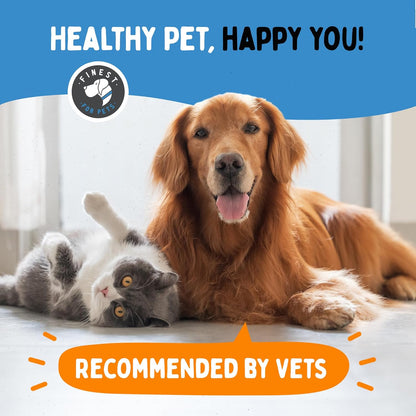 Finest For Pets 100 percent pure fish oil bottle next to a healthy dog and cat with shiny coats