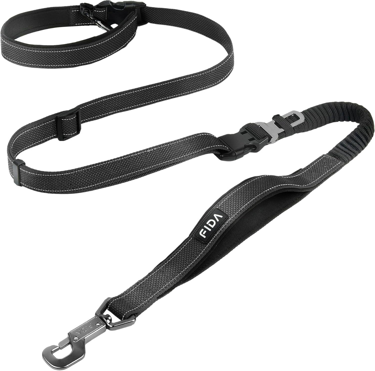 Fida 6-in-1 hands free dog leash front view showing heavy duty black nylon