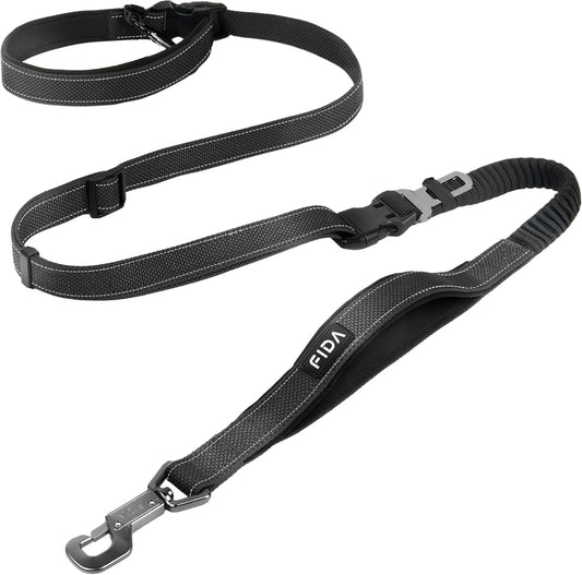 Fida 6-in-1 hands free dog leash front view showing heavy duty black nylon