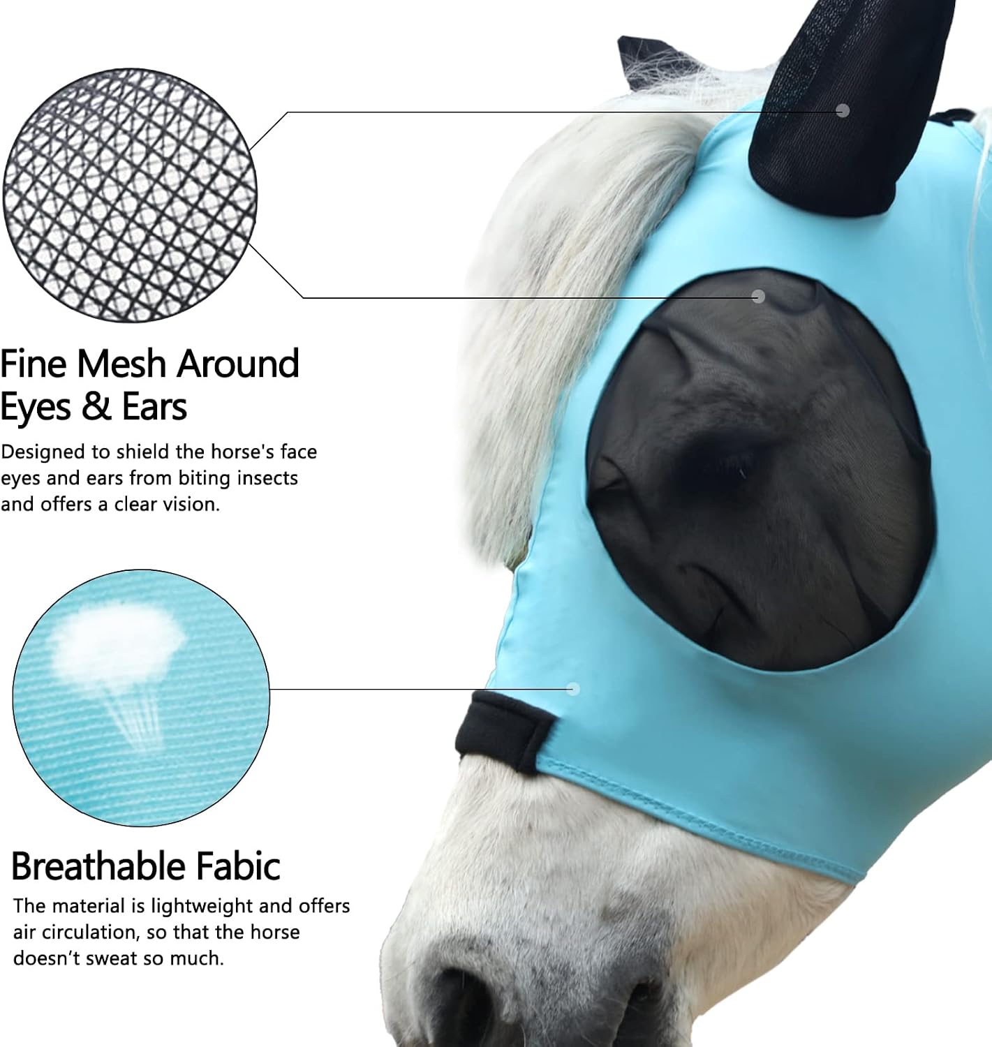 Side profile of horse wearing Gallopoff pale blue fly mask