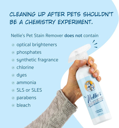 Nellies enzyme based pet odour eliminator spray packaging detailing fabric safety instructions