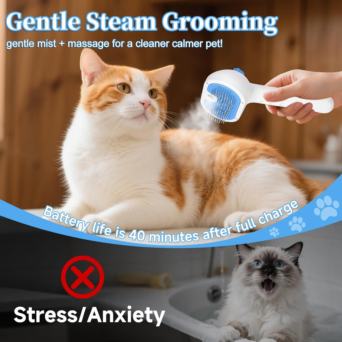 LetsFeed 3-in-1 spray grooming brush held in hand for size reference