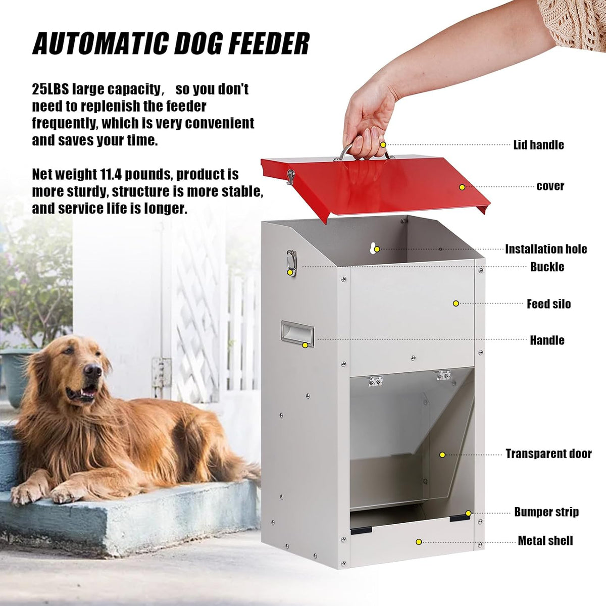 Close up of the transparent acrylic panel on the galvanized steel dog feeder