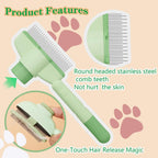 KYHSC pet hair removal comb in yellow and green color being used on an indoor cat