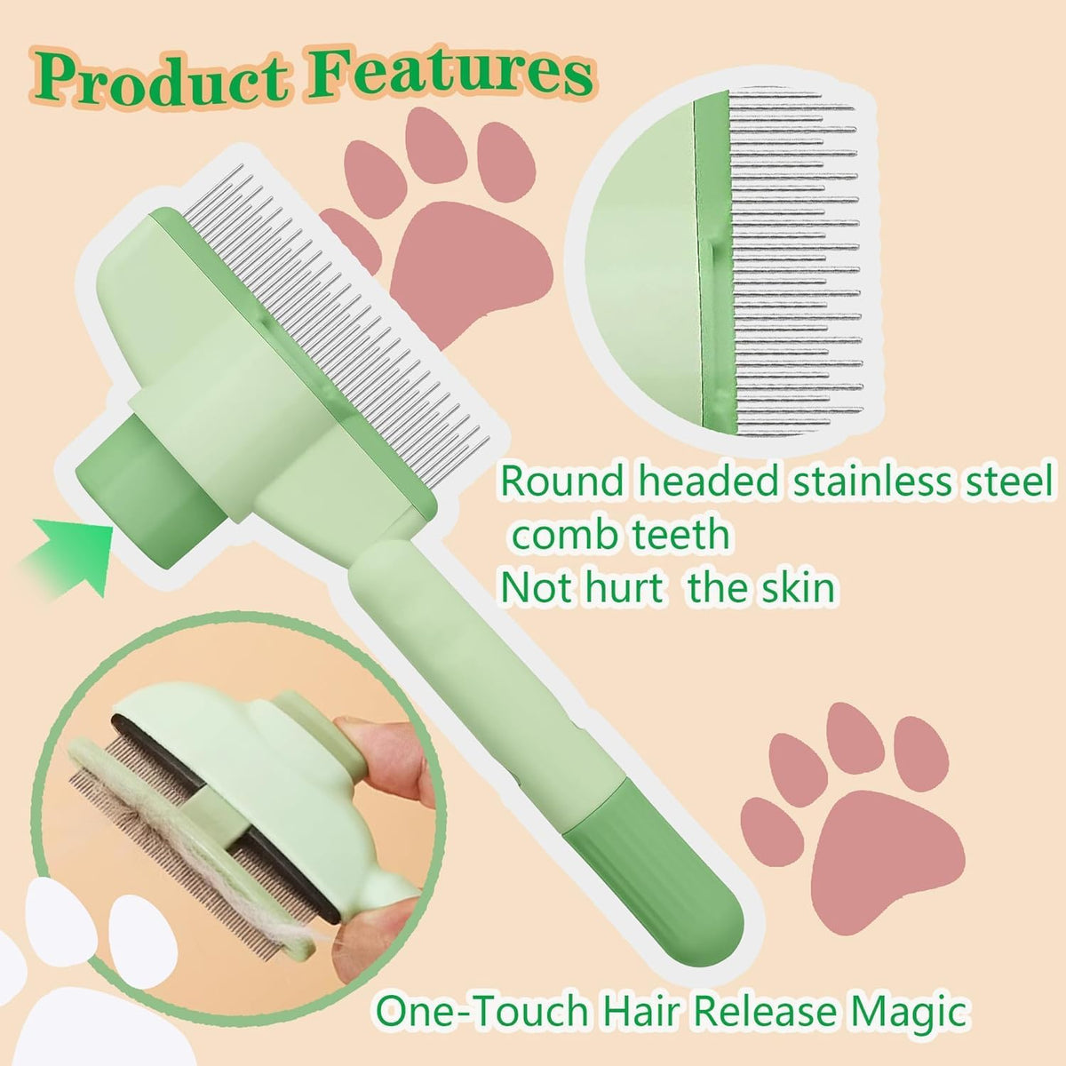 KYHSC pet hair removal comb in yellow and green color being used on an indoor cat