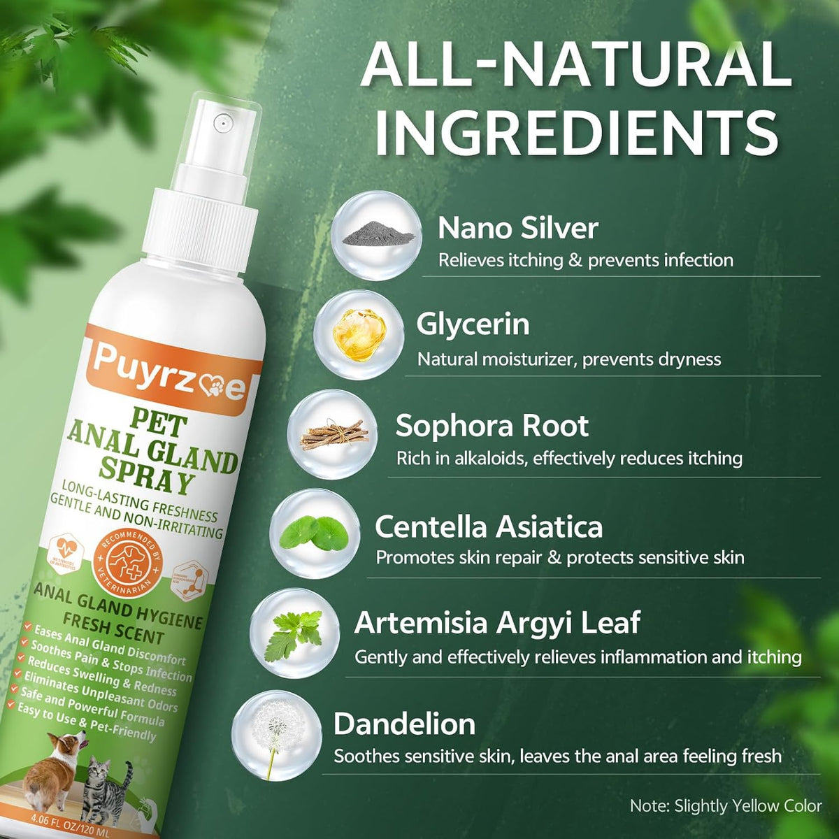 Puyrzoe natural soothing spray packaging for dogs and cats experiencing scooting.