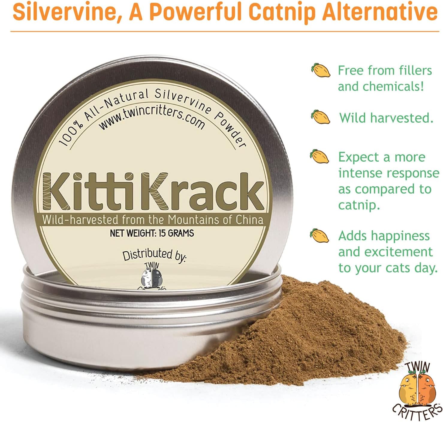 TwinCritters catnip substitute powder for feline play and training enrichment