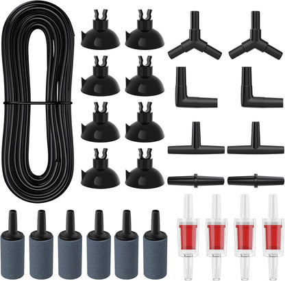 Close up view of durable soft suction cups adhering to fish tank glass holding black tube.