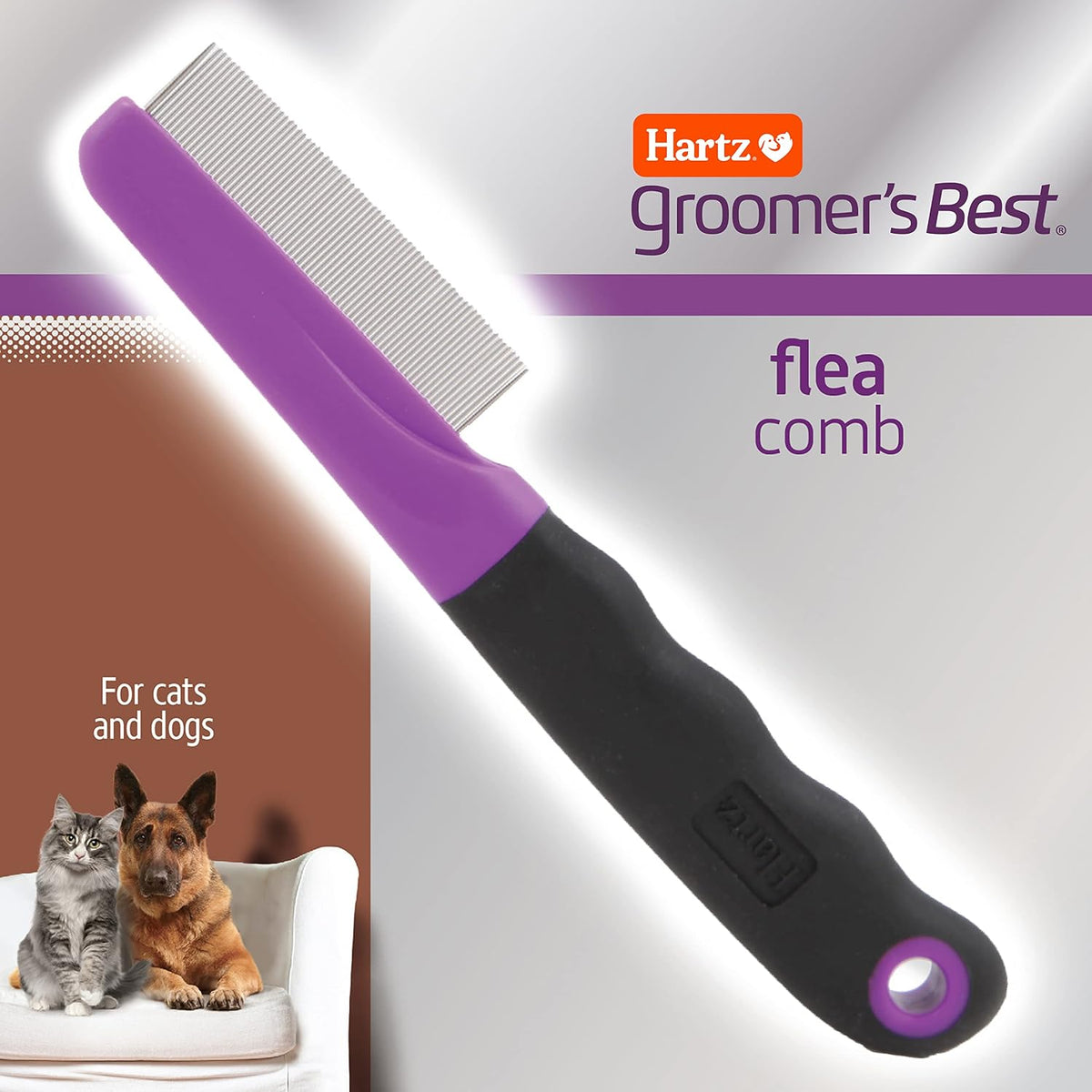 Ergonomic black and purple handle of Hartz grooming tool