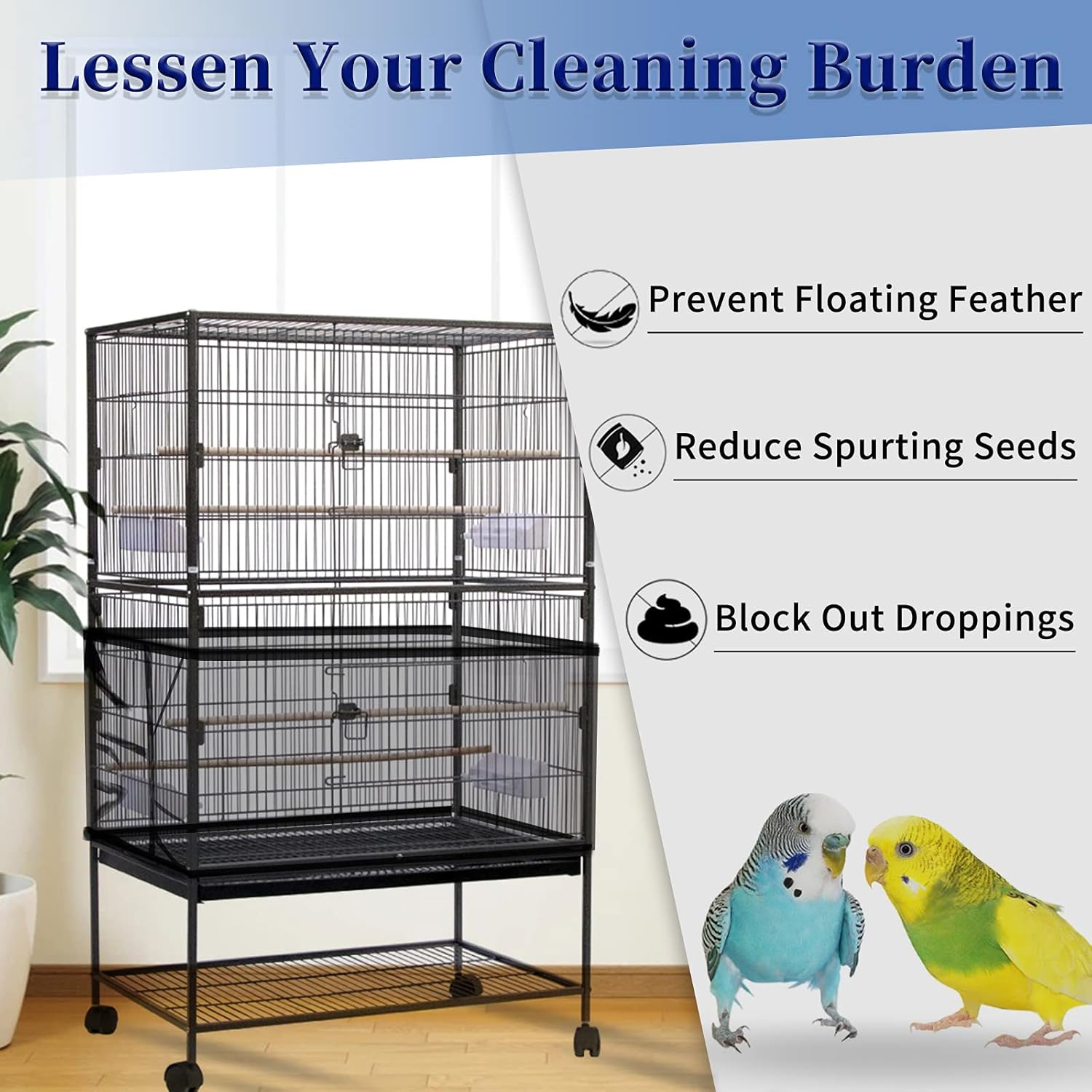 Close up of Daoeny bird cage seed catcher showing secure drawstring and plastic lock buckle.