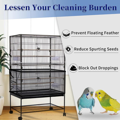 Close up of Daoeny bird cage seed catcher showing secure drawstring and plastic lock buckle.