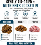 Premium bison and lamb air dried pet food kibble texture close up highlighting clean protein quality.