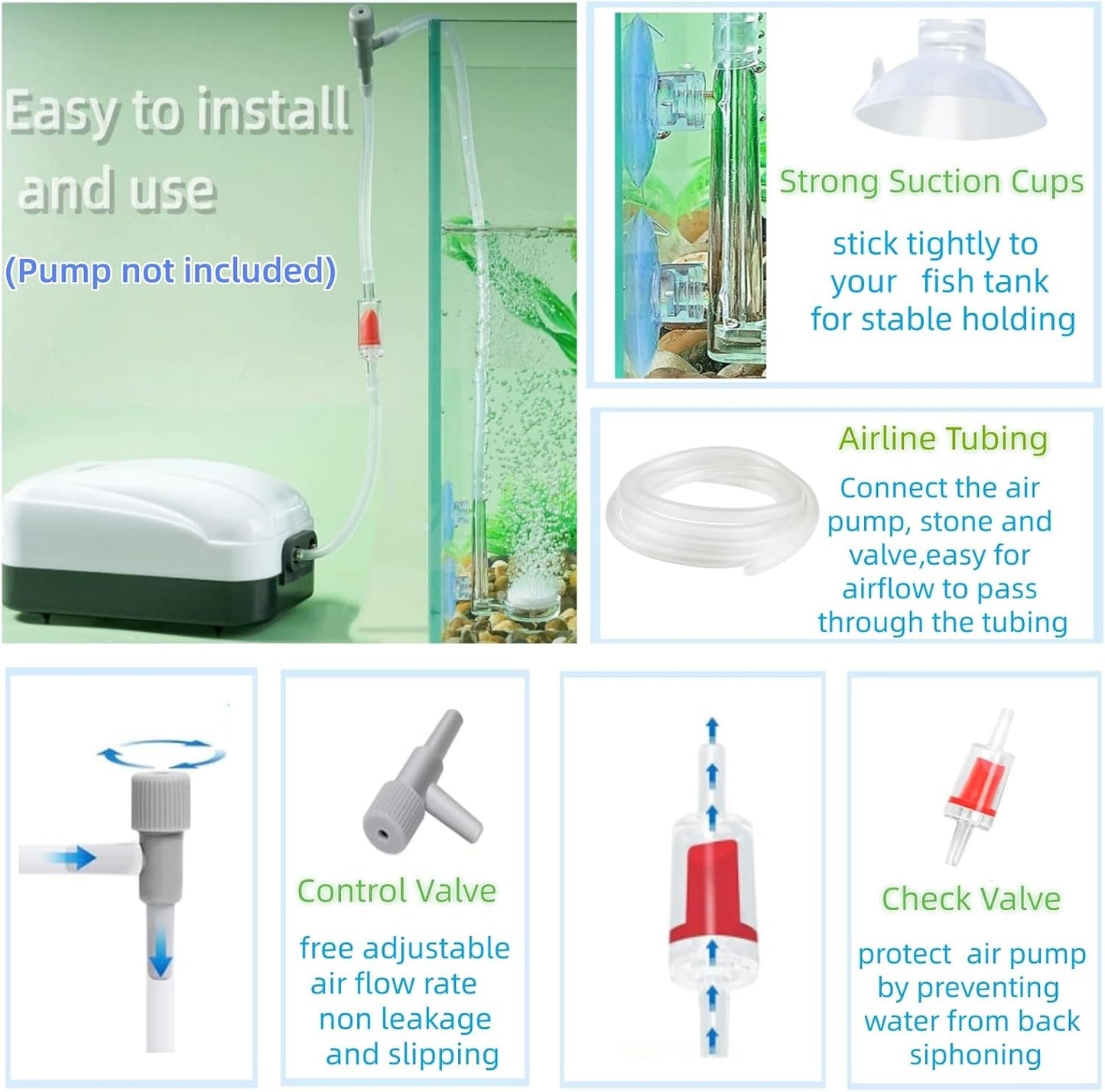 AQUANEAT quiet aerator bubble stone installation diagram for small aquariums