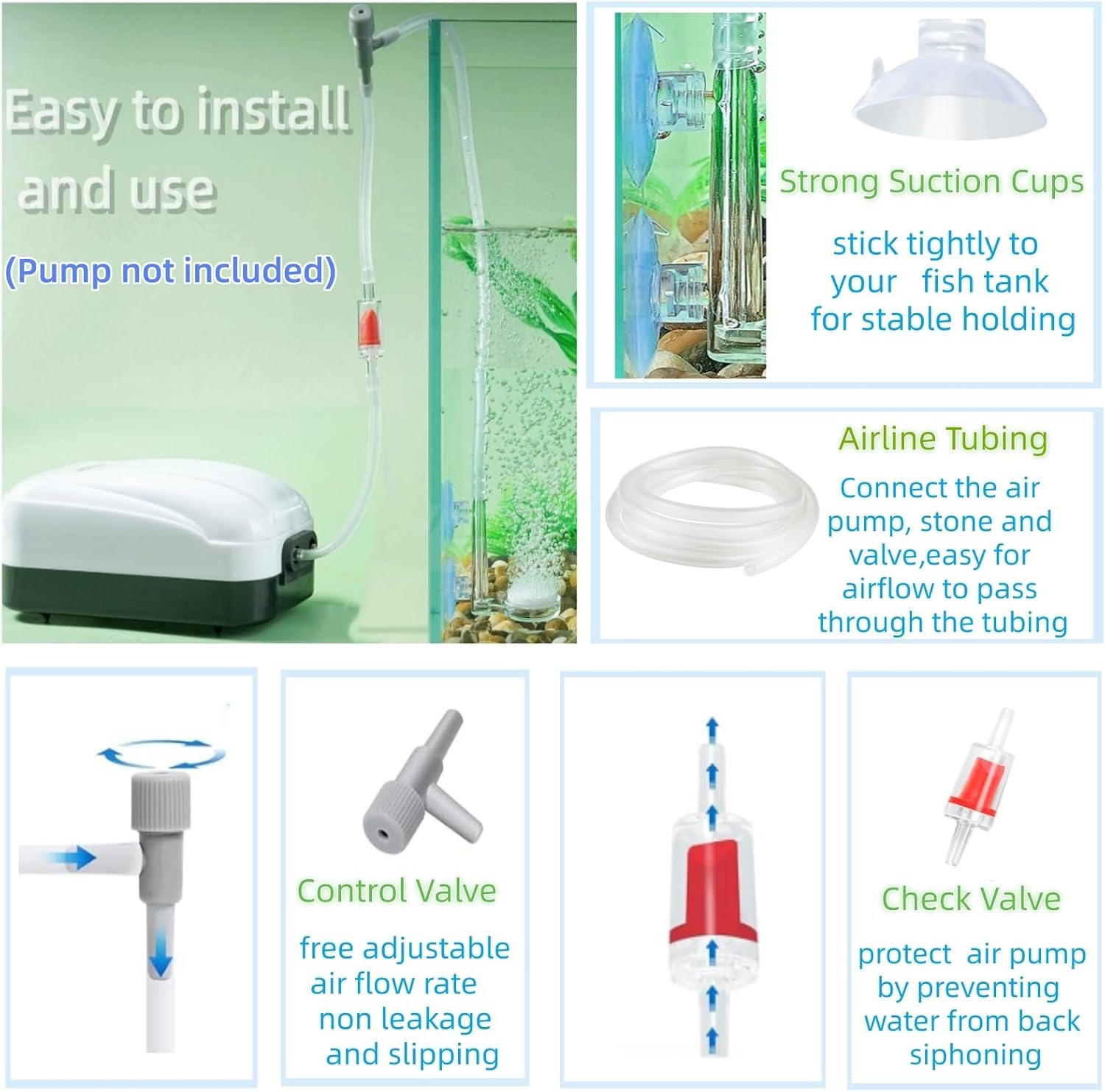 AQUANEAT quiet aerator bubble stone installation diagram for small aquariums