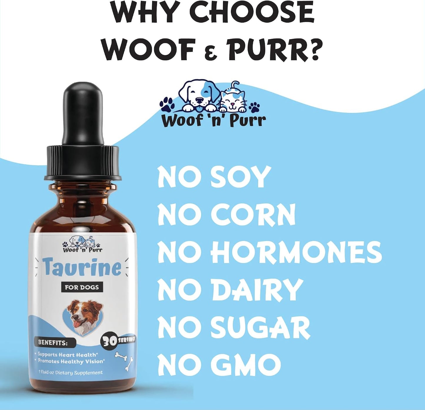 Authentic USA imported Woof 'n' Purr dog taurine tincture packaging