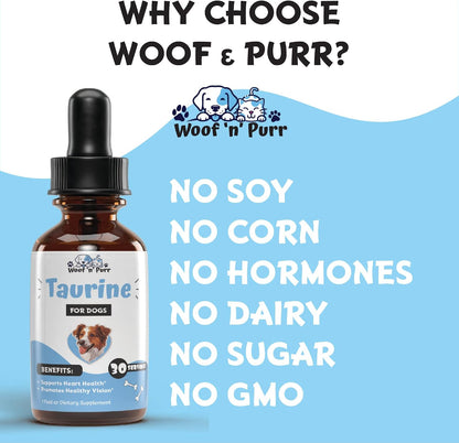 Authentic USA imported Woof 'n' Purr dog taurine tincture packaging