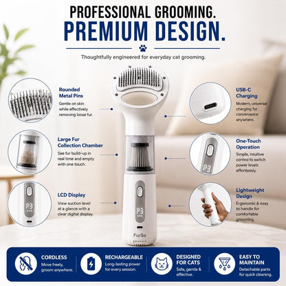 FurSo Cat Grooming Vacuum Kit, 5-in-1 Cordless Pet Grooming Vacuum for Cats & Dogs, 6000PA Pet Hair Vacuum, Low-Noise Deshedding Brush, 3-Speed LCD, Hair Remover, Type-C Charge - Image 11