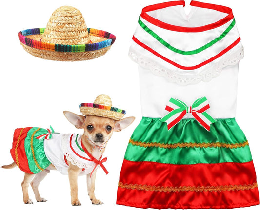 Bulyoou Mariachi Mexican pet dog costume set front view showing multicolor dress and mini sombrero hat.