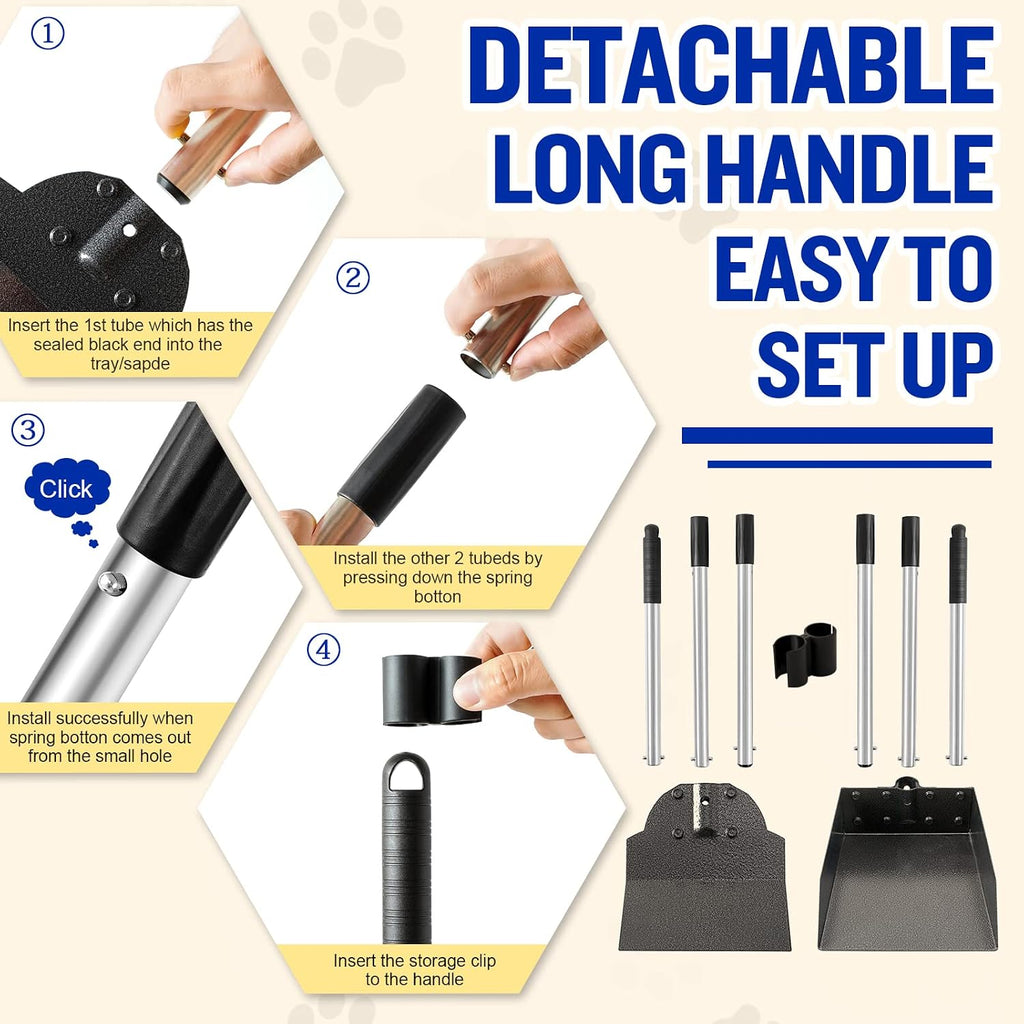 No bend pet scooper set with protective sleeve handle grips for comfortable yard cleaning.