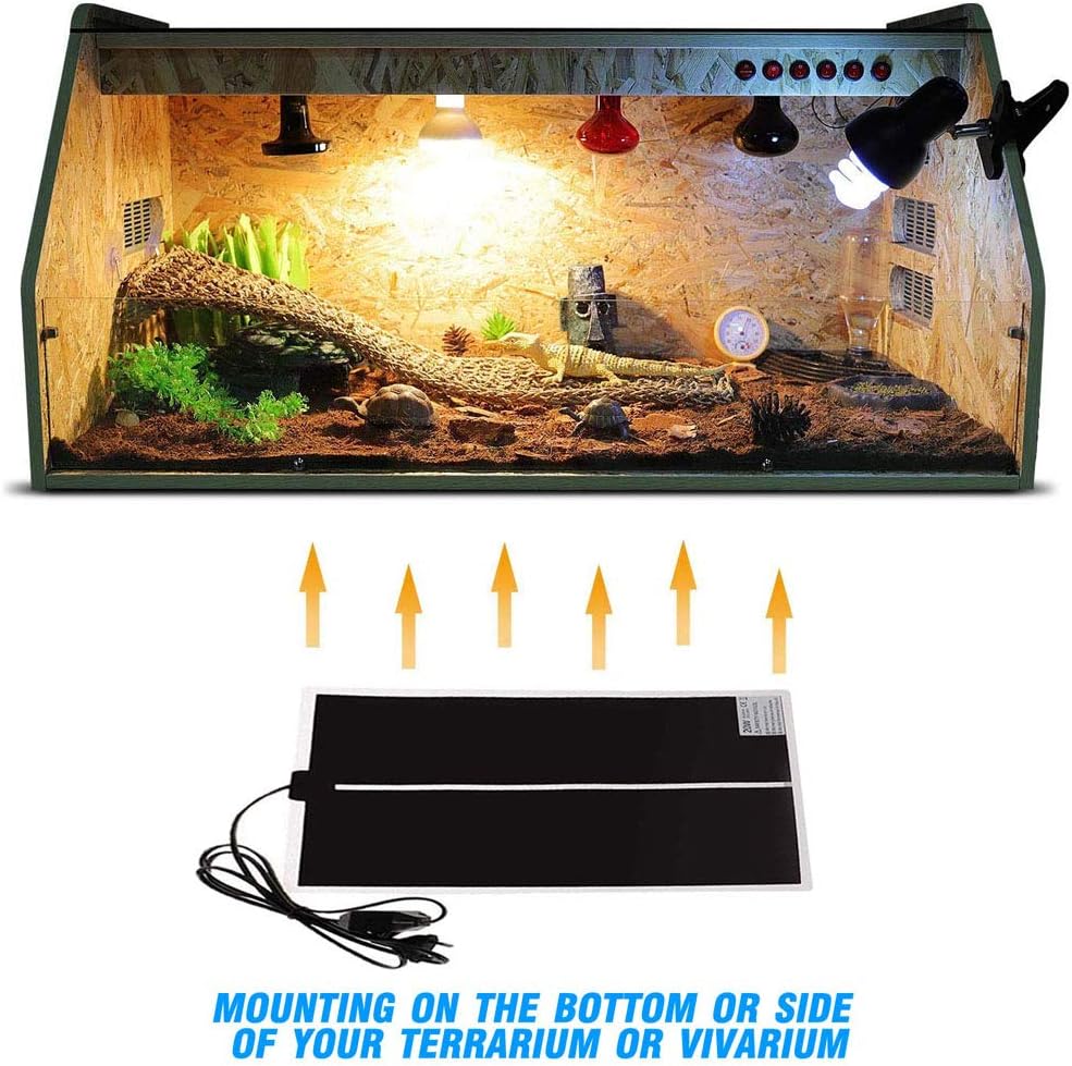 PeSandy terrarium heating mat displayed next to a glass reptile enclosure