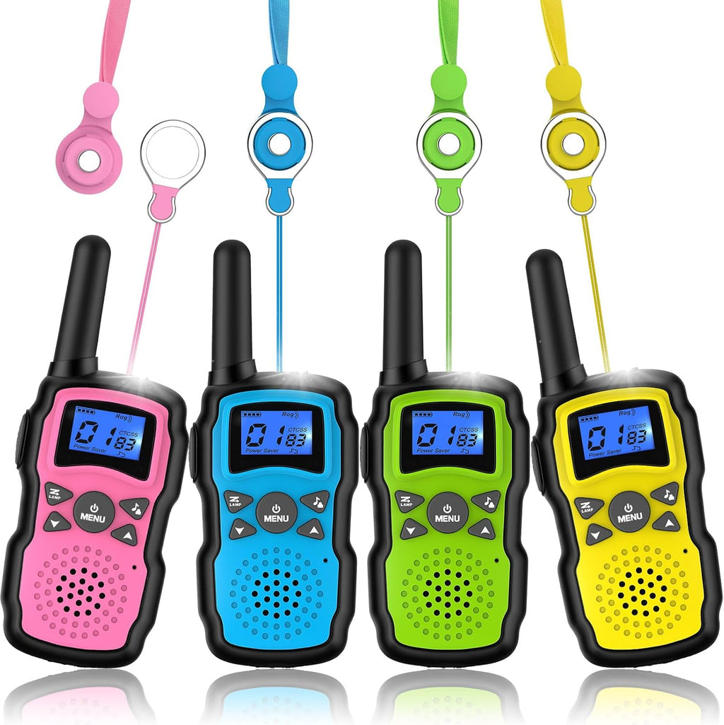Wishouse walkie talkies for kids four pack front view showing pink blue green and yellow radios