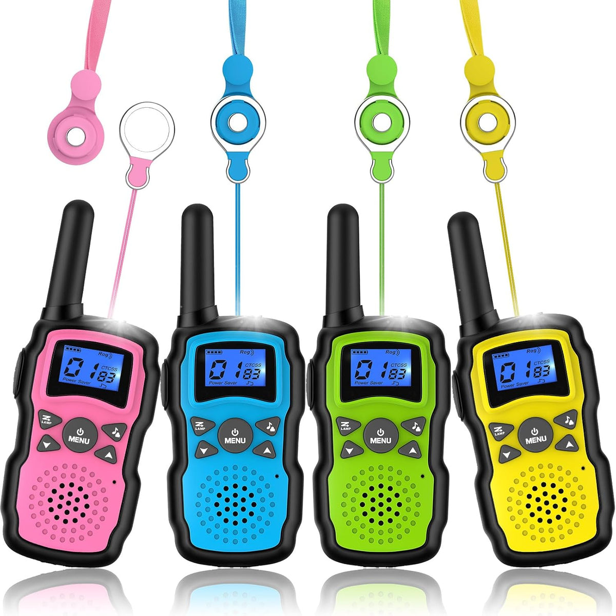 Wishouse walkie talkies for kids four pack front view showing pink blue green and yellow radios