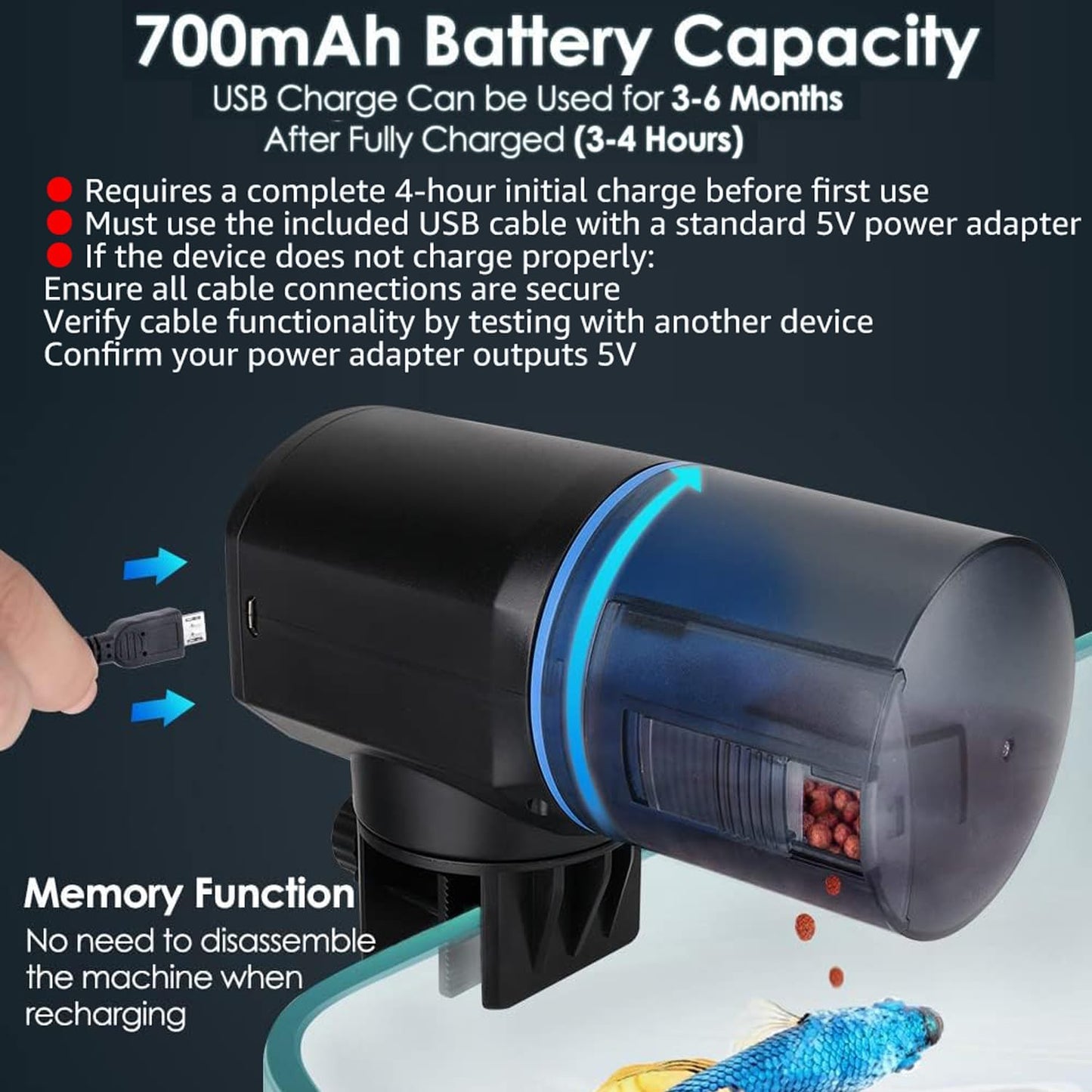 Blue automatic aquarium feeder with adjustable slider door closeup view
