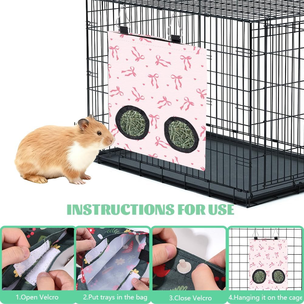2Pcs 2 Styles Small Pet Hanging Hay Bag Pink Hay Feeder Bag with 2 Holes Bowknot Pattern Cloth Washable Rectangle Feeding Storage for Rabbit Chinchillas Hamsters Guinea Pigs 12 x 9 Inch - Image 6