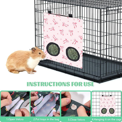 2Pcs 2 Styles Small Pet Hanging Hay Bag Pink Hay Feeder Bag with 2 Holes Bowknot Pattern Cloth Washable Rectangle Feeding Storage for Rabbit Chinchillas Hamsters Guinea Pigs 12 x 9 Inch - Image 6