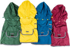 Packable dog raincoat folded into its integrated back pocket